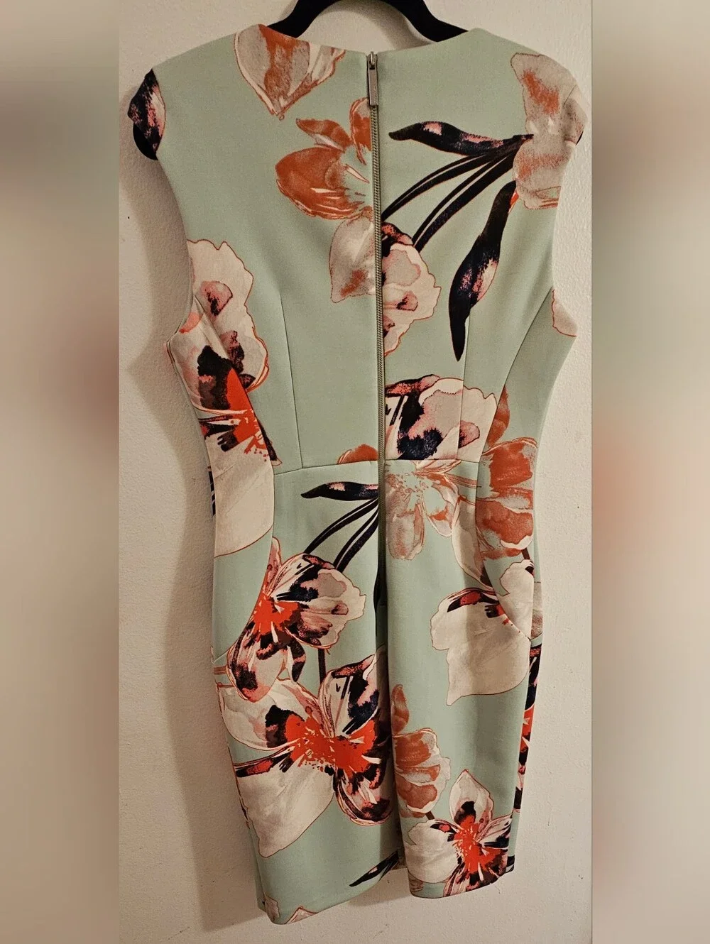 Calvin Klein Mint Green Floral Midi Sheath Dress with Coral Accents